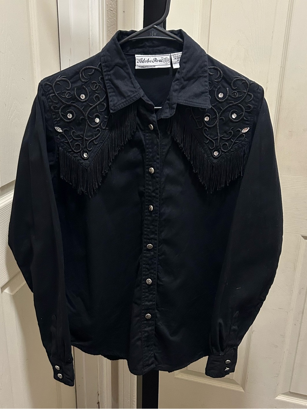 Vintage 90s  Adobe Rose Black Fringe Western Rhinestone Rodeo Shirt